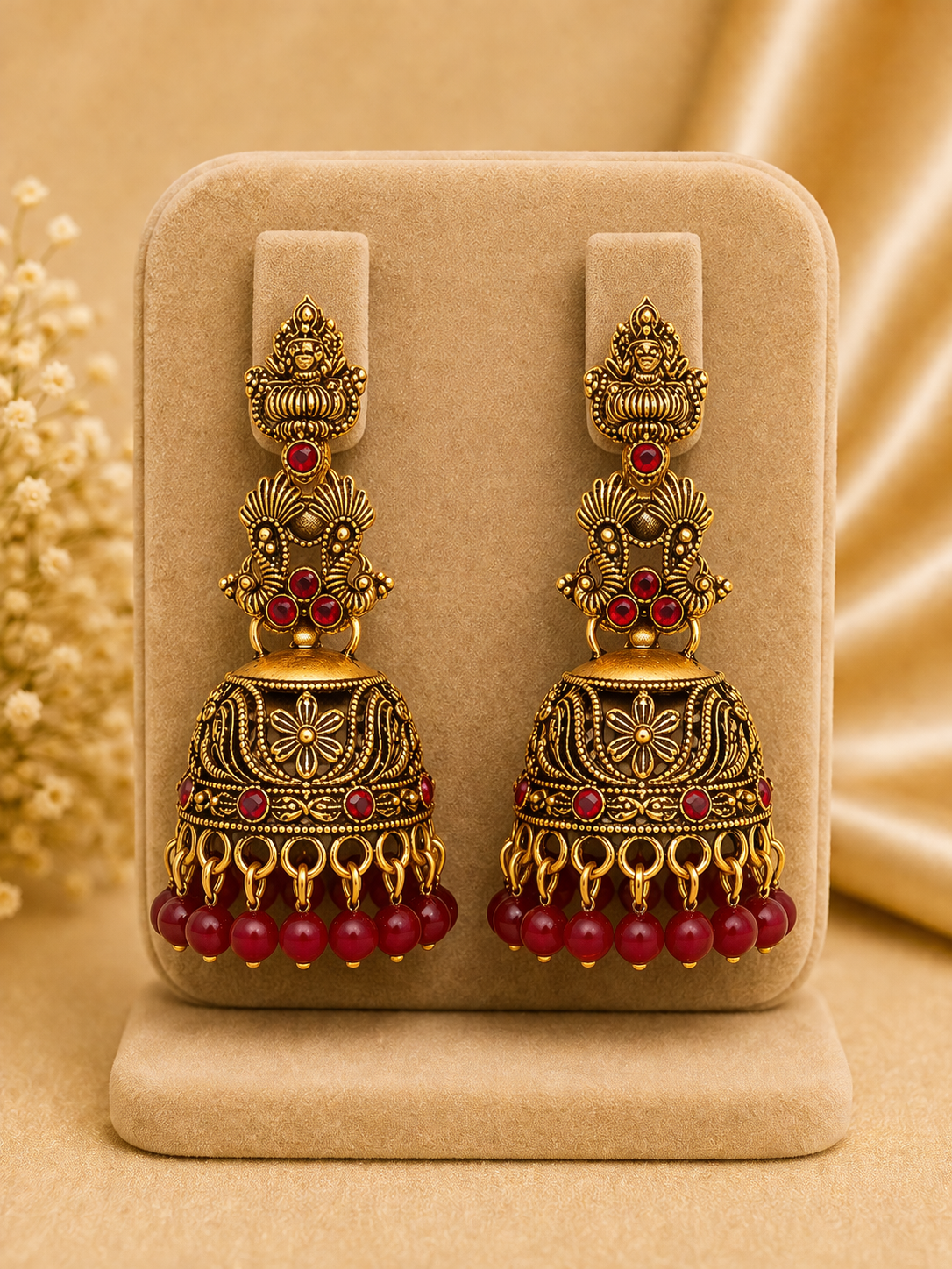 Antique Red Bead Temple Jhumka Earrings