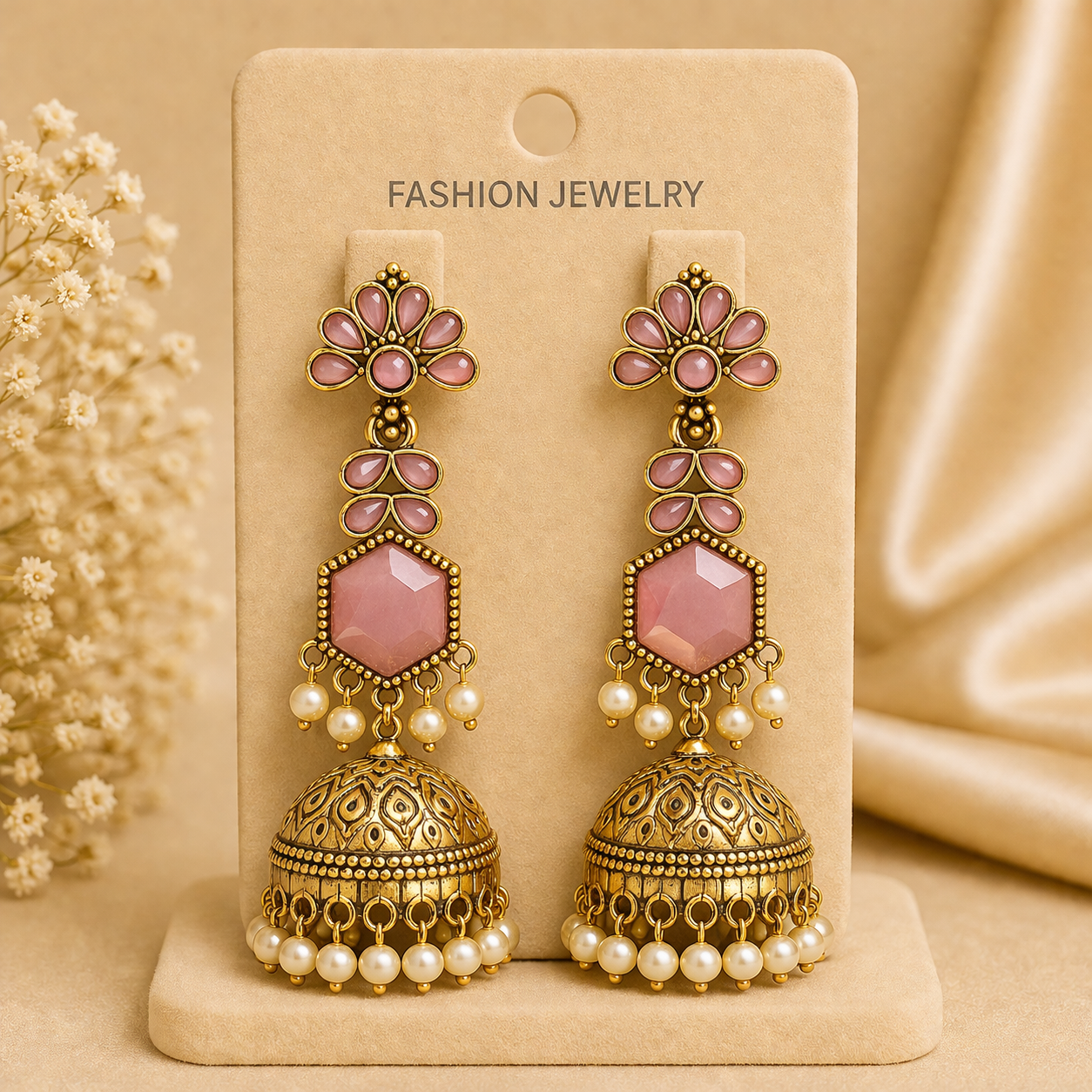Pink Floral Pearl Jhumka Earrings