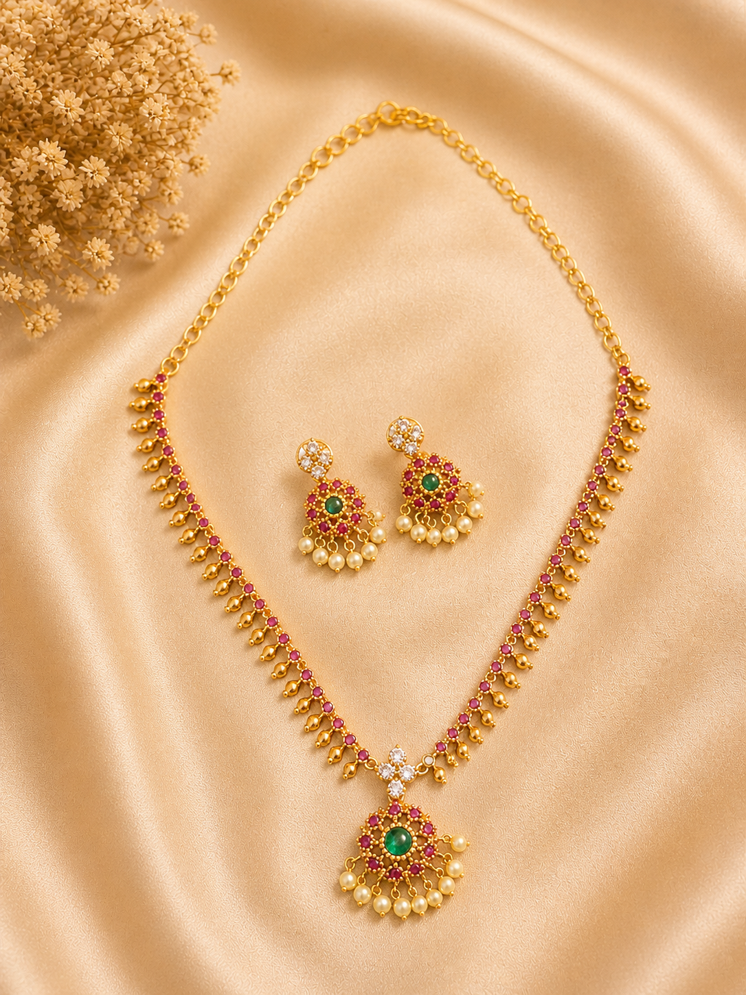 Emerald Pearl Drop Necklace Set (N5)