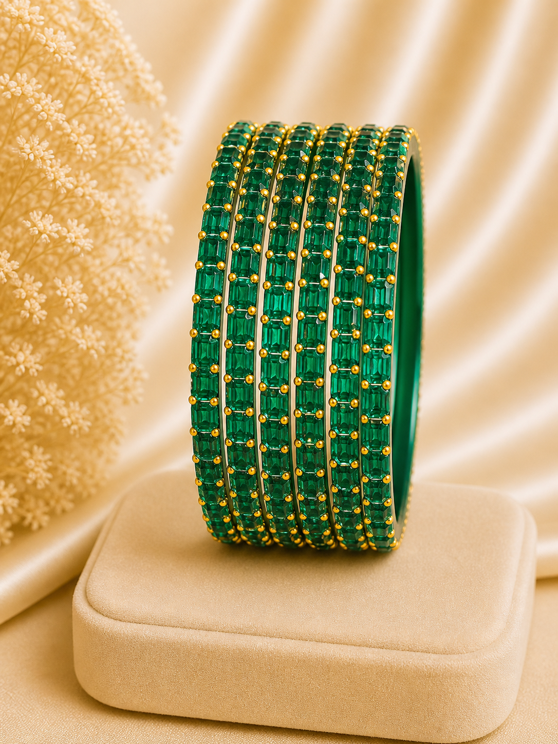 Emerald Glow Crystal Bangles Set deep Green