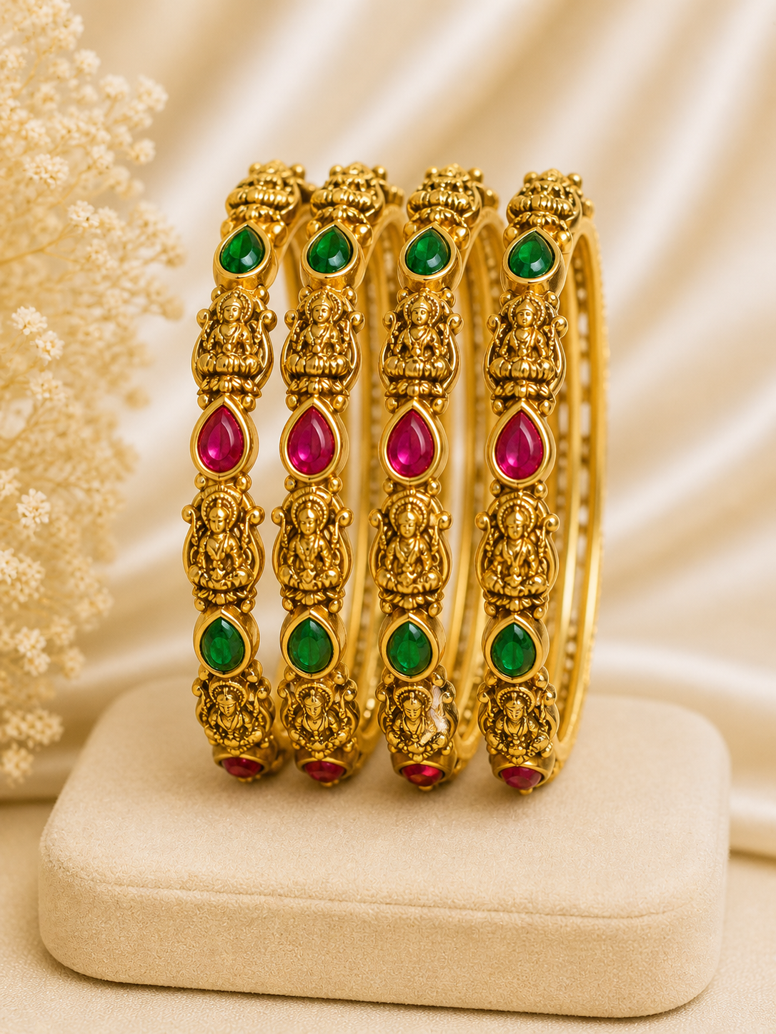 Temple Style Gold Bangles with Ruby & Emerald Stones