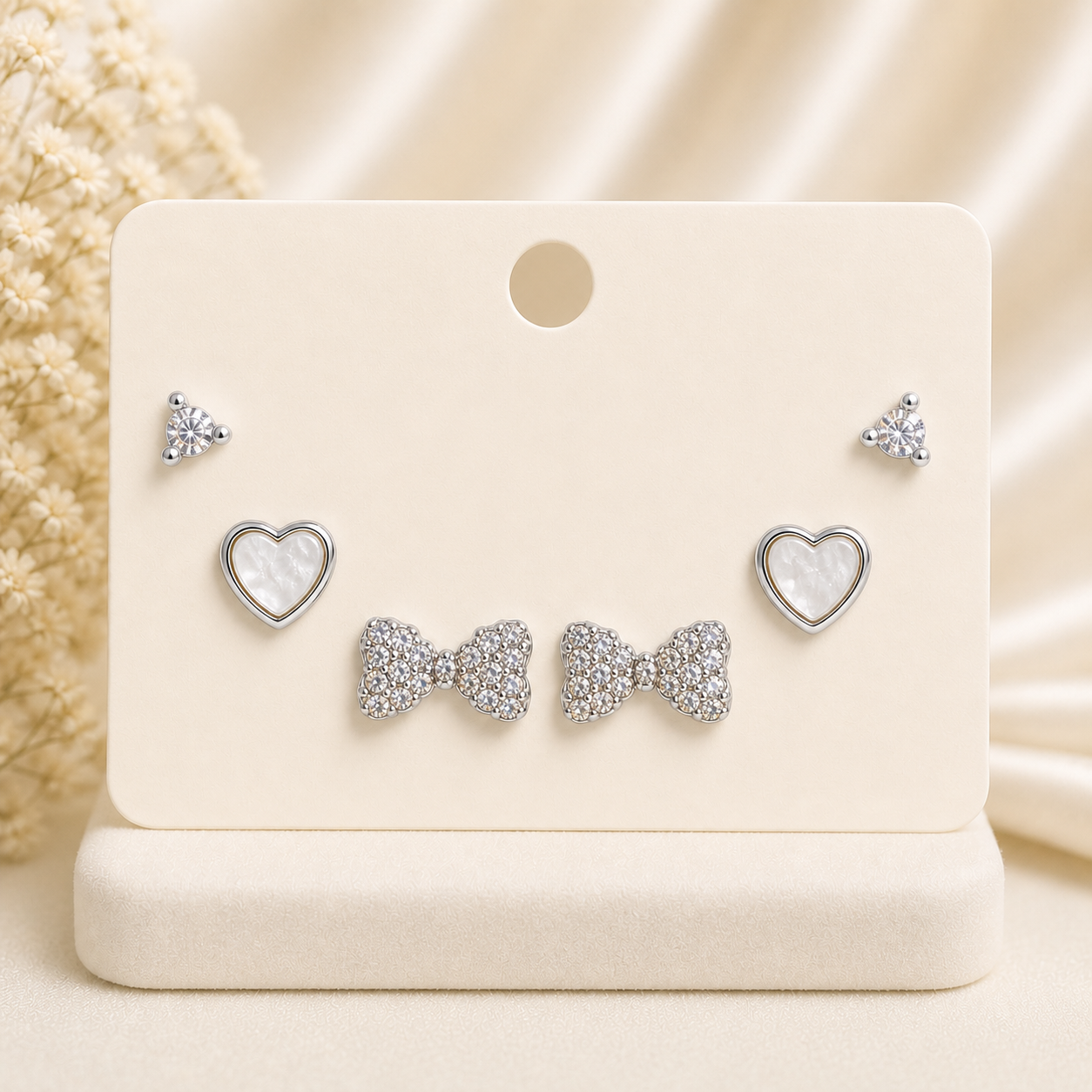 Cute Heart & Bow Stud Earrings Set