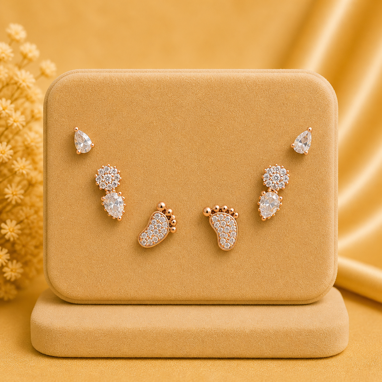 Rose Gold Crystal Stud Earrings Set