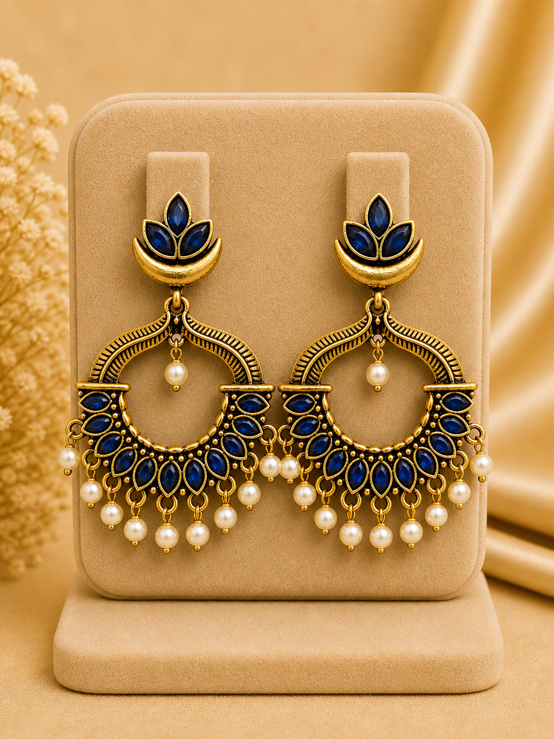 Royal Blue Pearl Chandbali Earrings