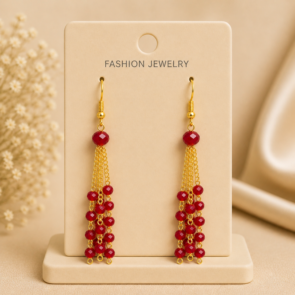 Red Beaded Tassel Drop Earrings