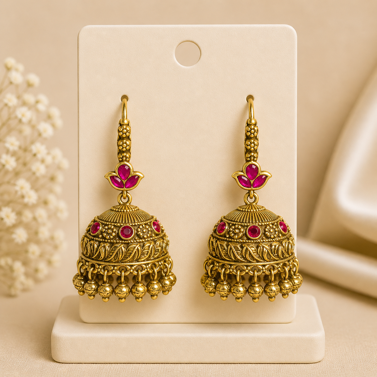 Traditional Gold Pink Stone Jhumka Earrings