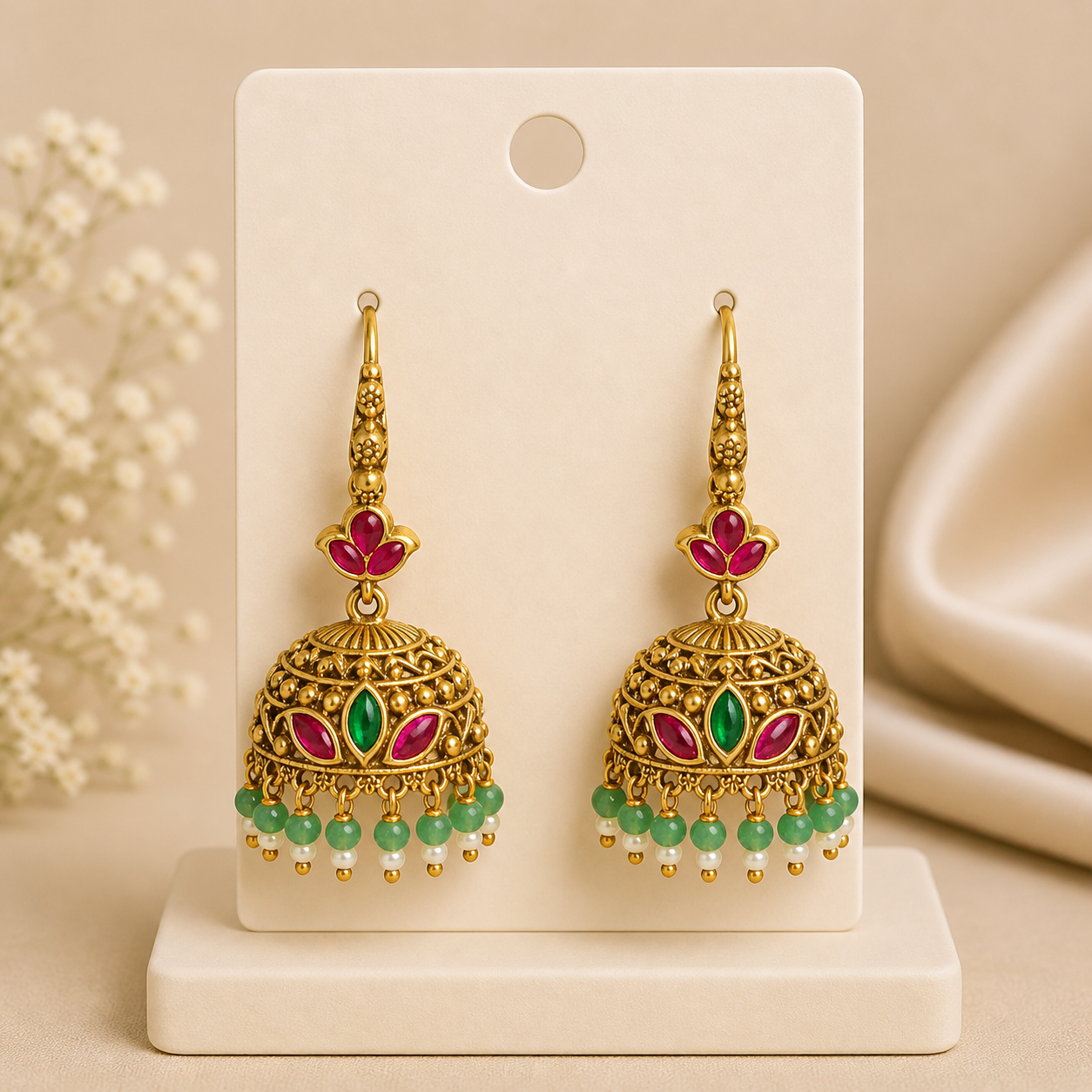 Traditional Gold Jhumka Earrings with Pink & Green Stones