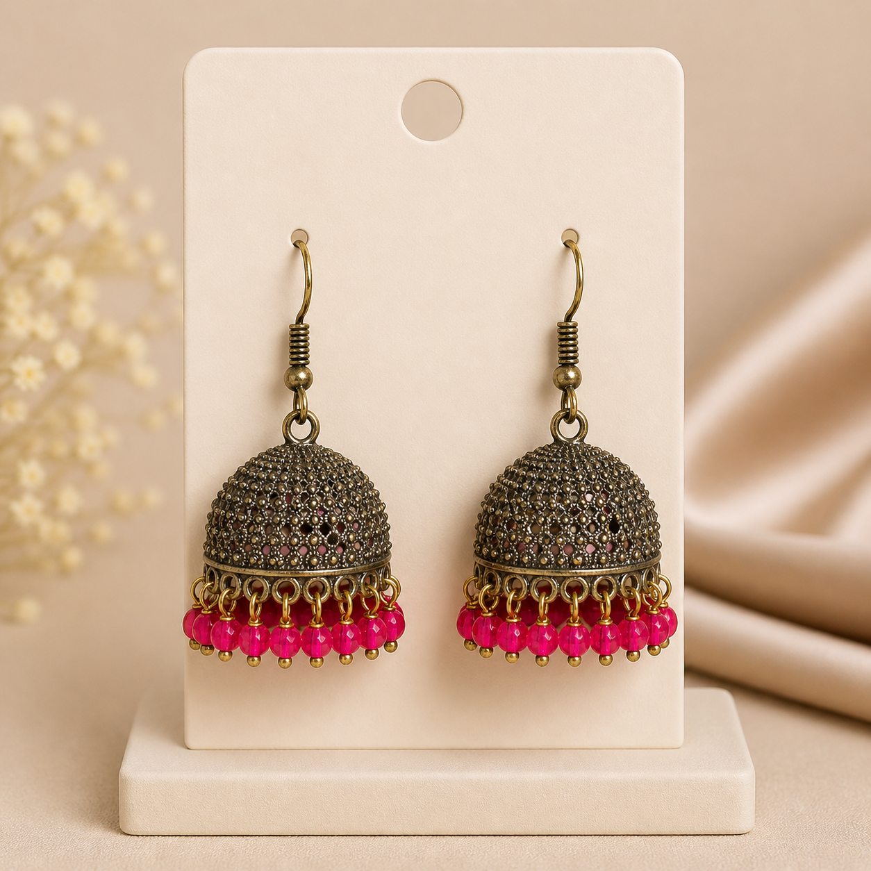 Antique Oxidized Jhumka Earrings with Pink Beads