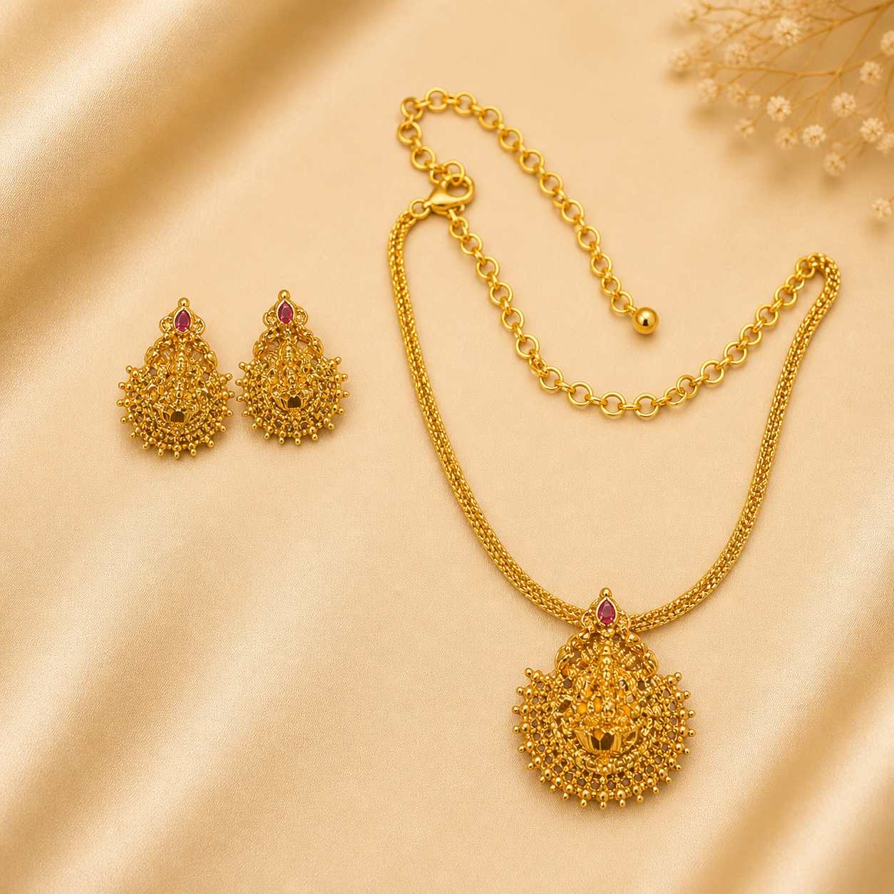 Temple Style Lakshmi Pendant Necklace Set with Antique Gold Finish (N3)
