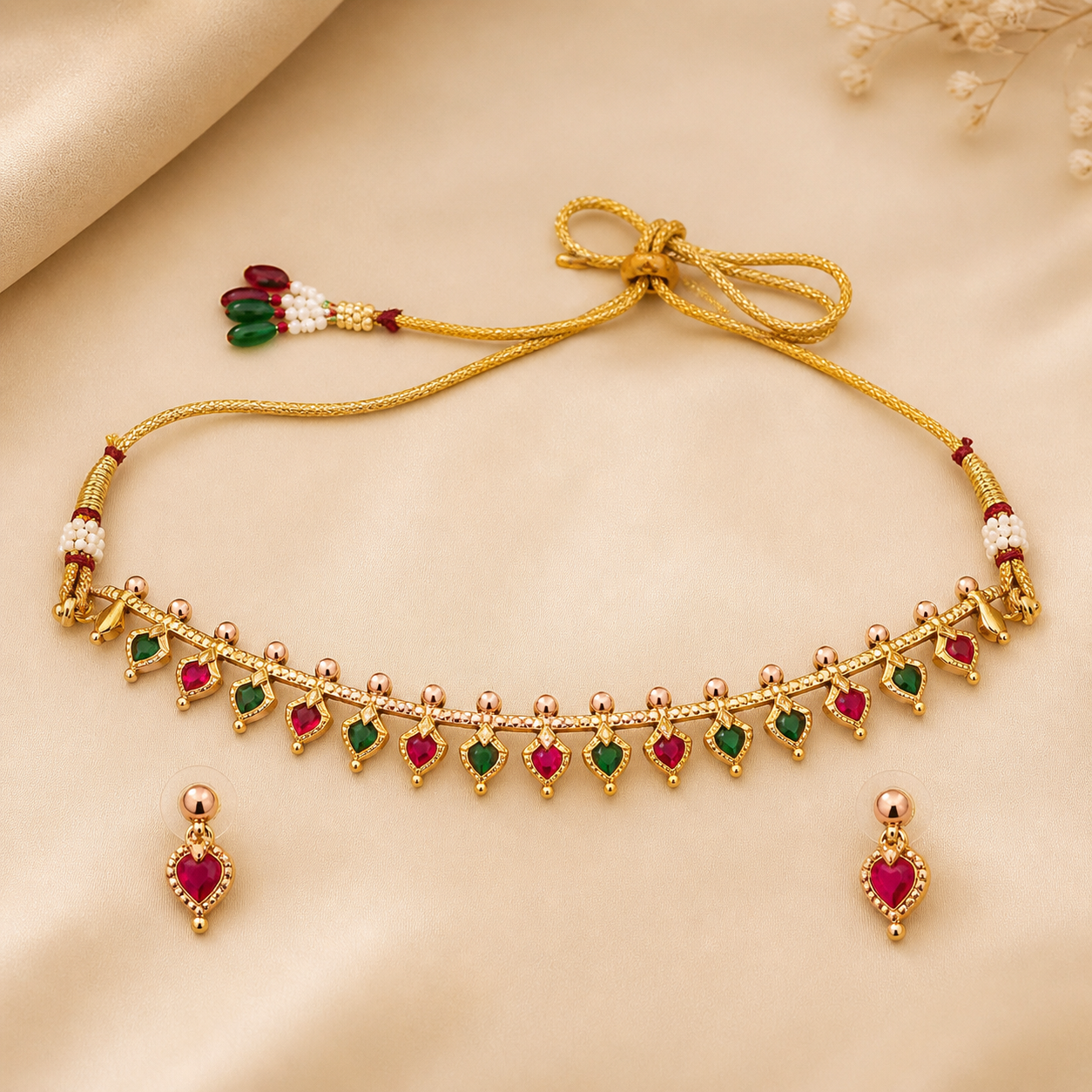 Ruby & Emerald Drop Charm Gold Choker Necklace Set (N14)