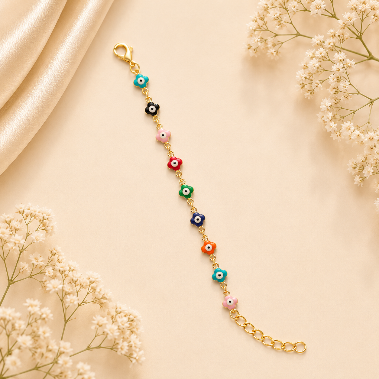 Colorful Evil Eye And Flower Charm Bracelet
