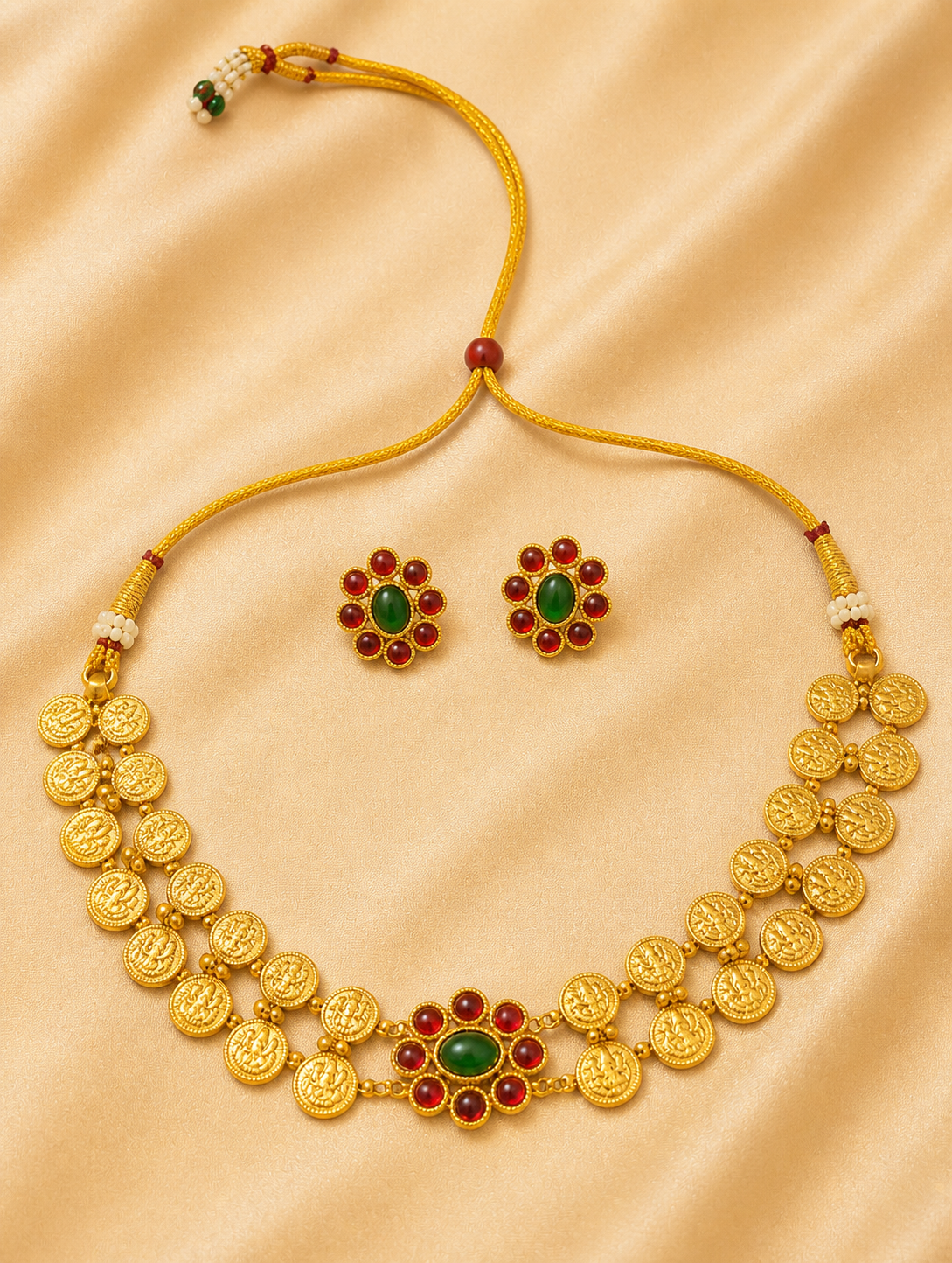 Temple Coin Necklace Set with Ruby & Emerald Floral Center (N2)