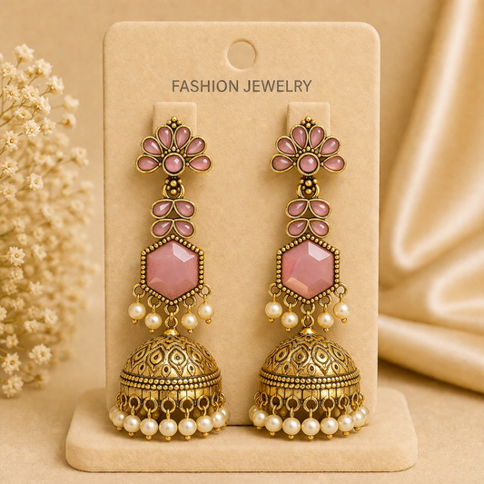 Pink Floral Pearl Jhumka Earrings