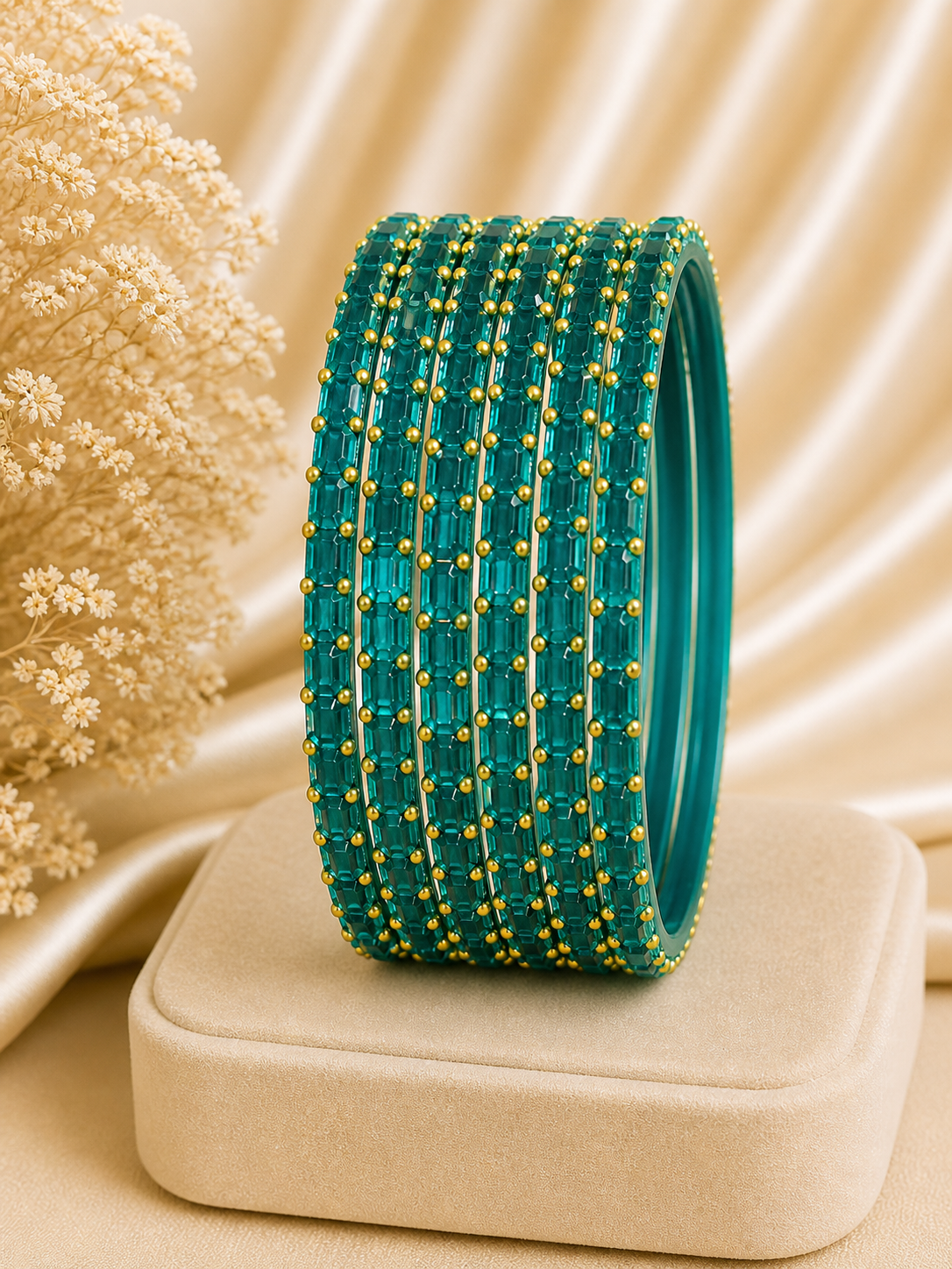 Emerald Glow Crystal Bangles Set