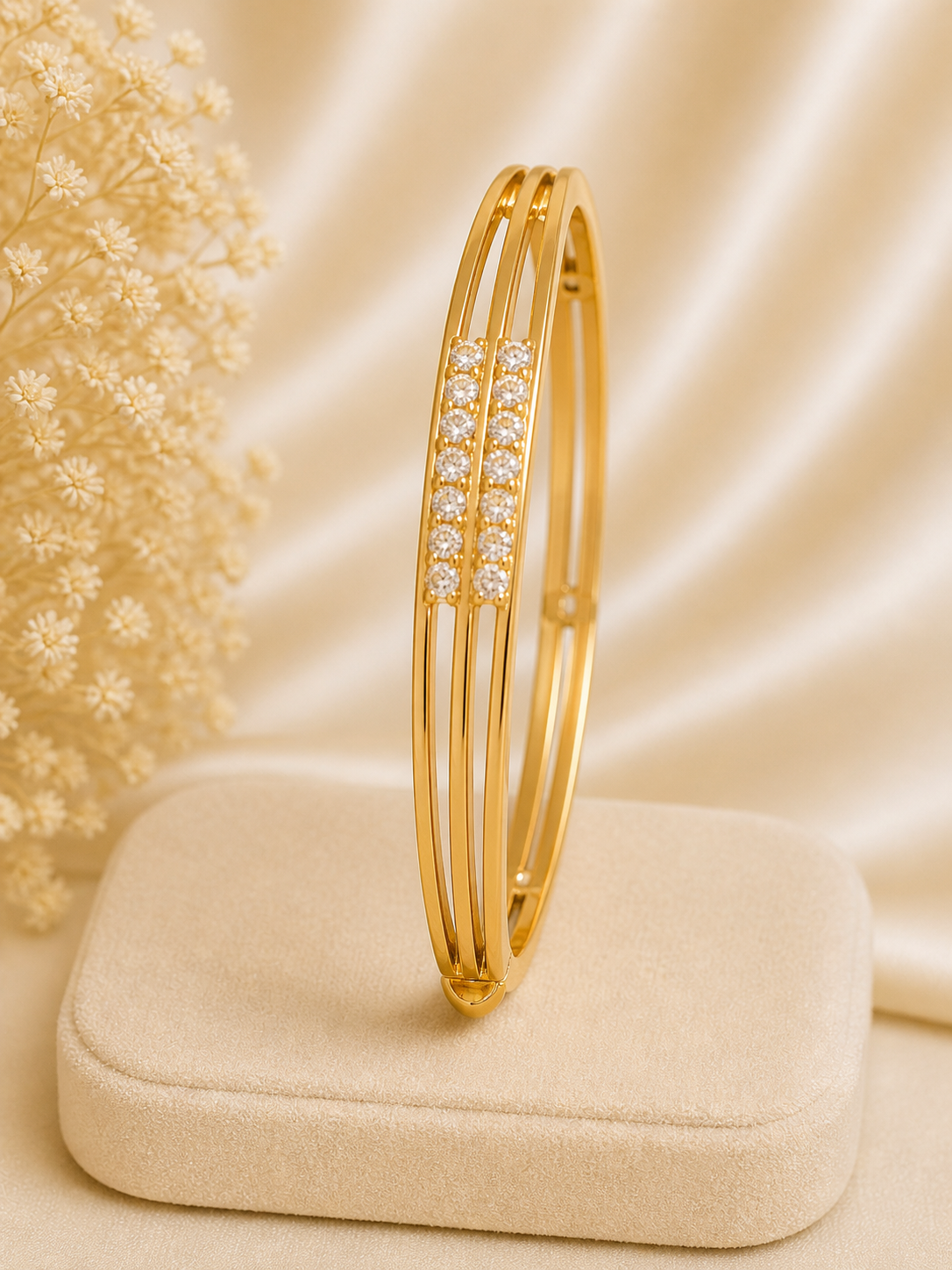 Elegant Triple-Line Gold Bangle with Crystal Accents