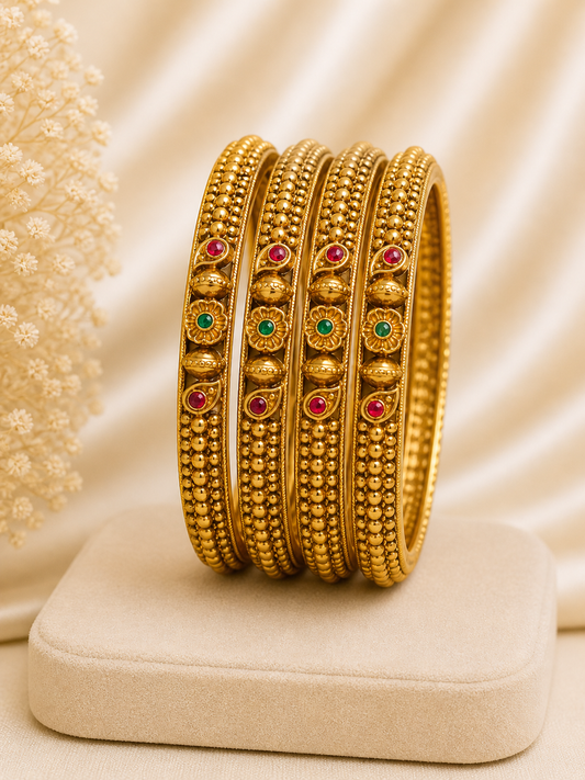 Classic Beaded Gold Bangles with Stone Detailing