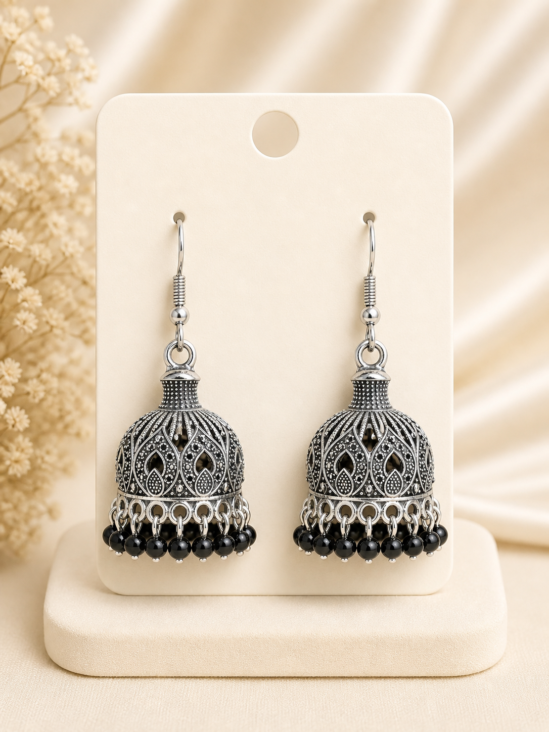Oxidised Black Bead Jhumka Earrings
