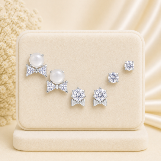 Elegant Pearl & Crystal Stud Earrings Set