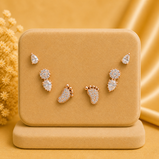 Rose Gold Crystal Stud Earrings Set