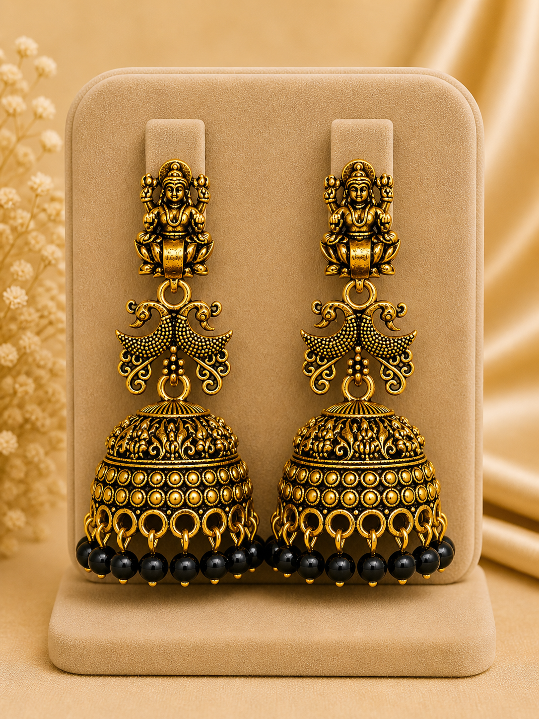 Antique Lakshmi Black Bead Jhumka Earrings