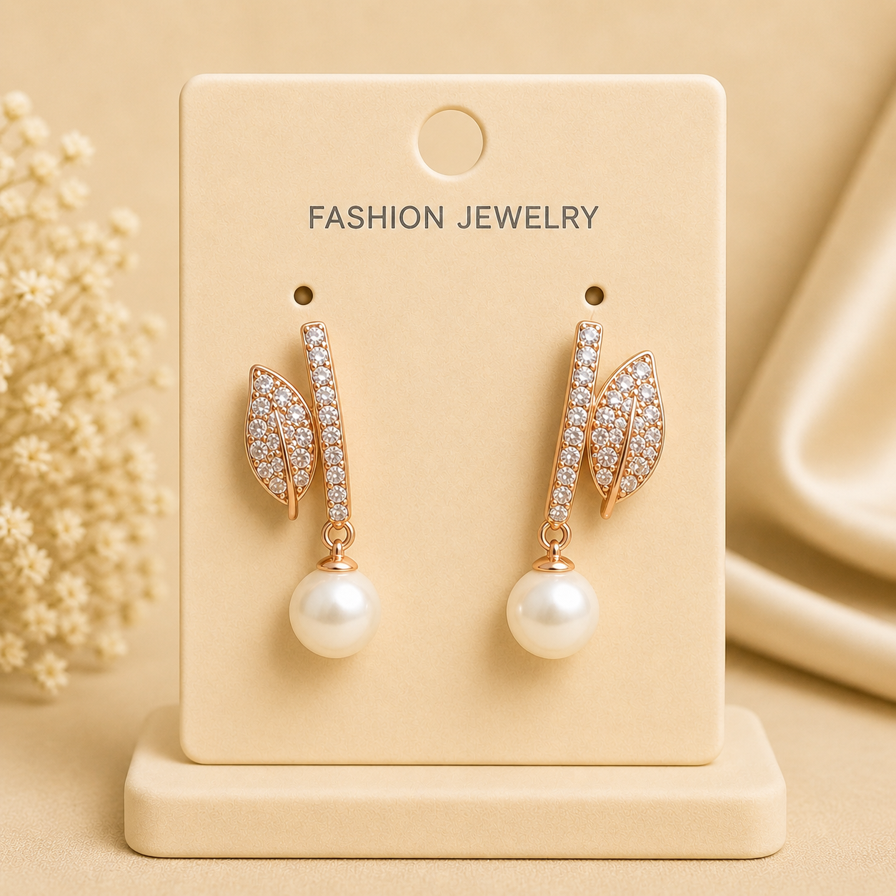 Rose Gold Leaf Pearl Drop Earrings