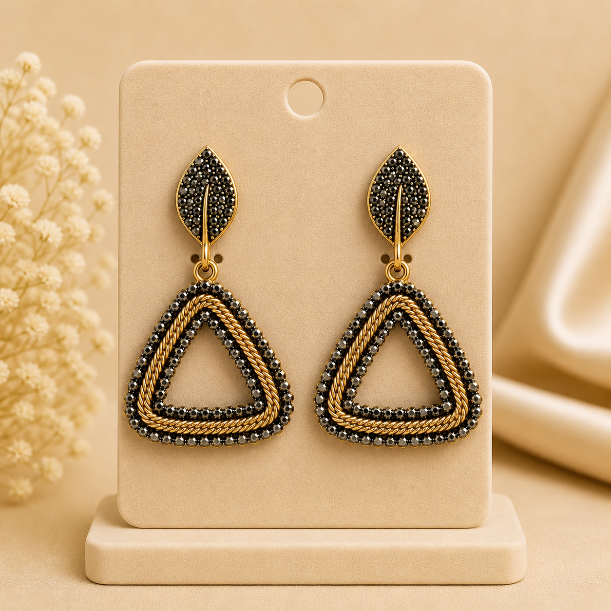 Black Stone Triangle Drop Earrings