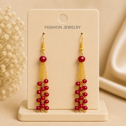 Red Beaded Tassel Drop Earrings