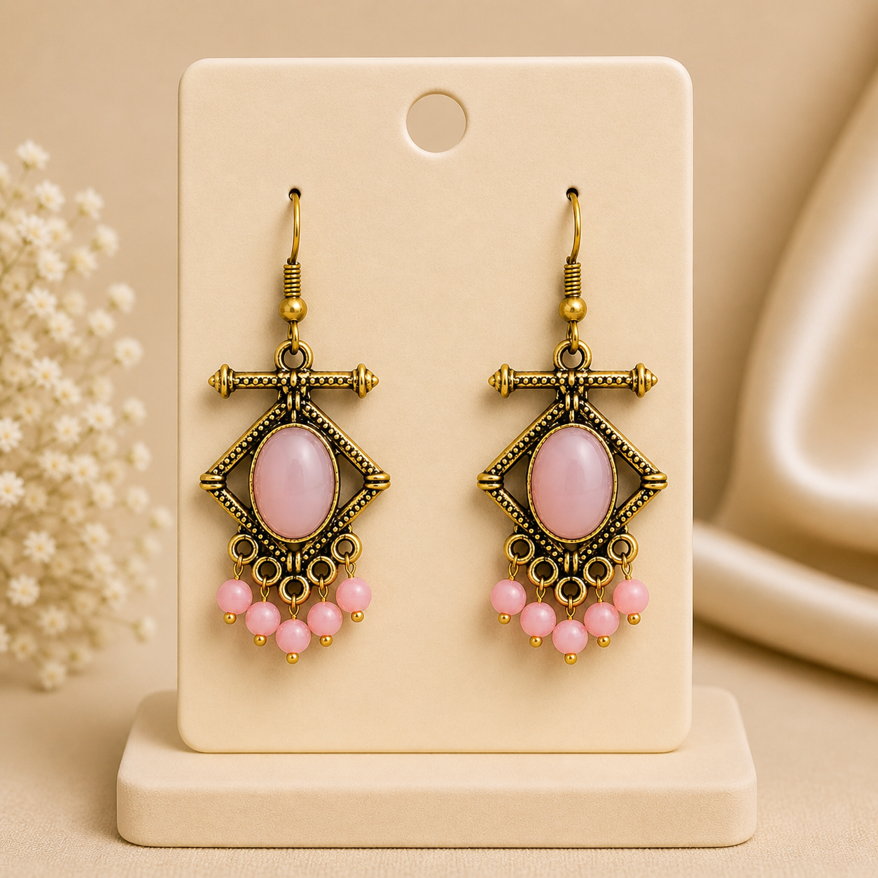 Vintage Pink Stone Boho Drop Earrings