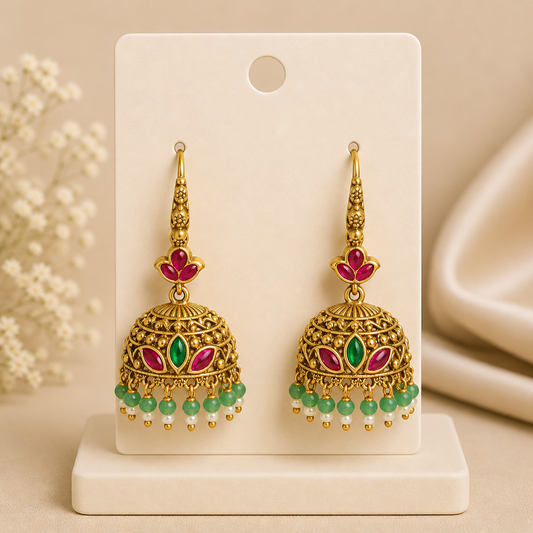 Traditional Gold Jhumka Earrings with Pink & Green Stones