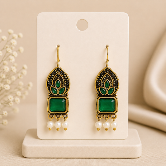 Elegant Green Stone Ethnic Drop Earrings with Pearl Danglers