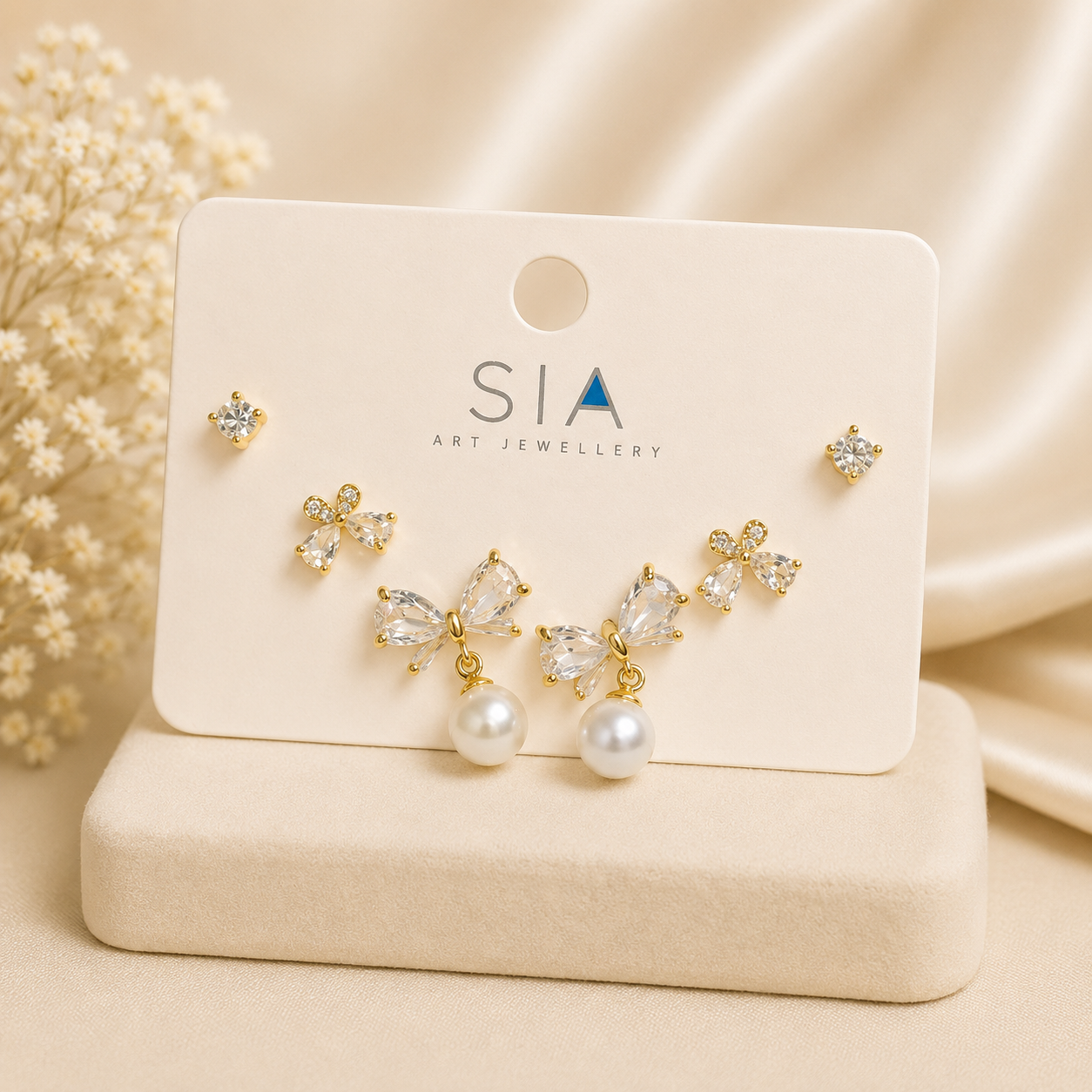 Elegant Bow Pearl Stud Earring Set
