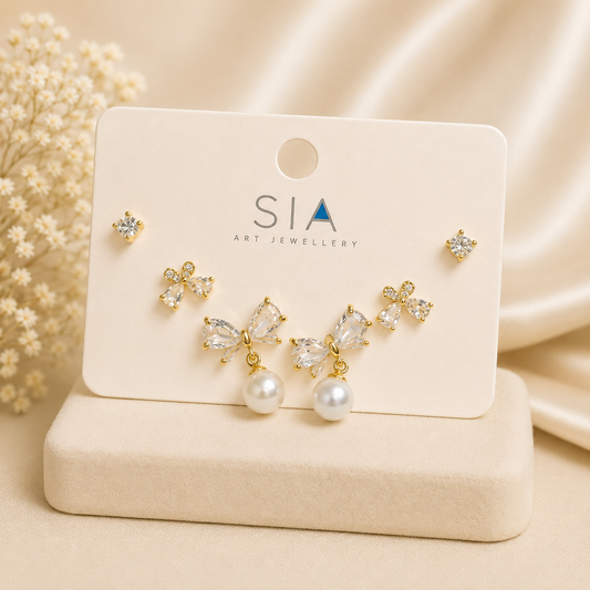 Elegant Bow Pearl Stud Earring Set