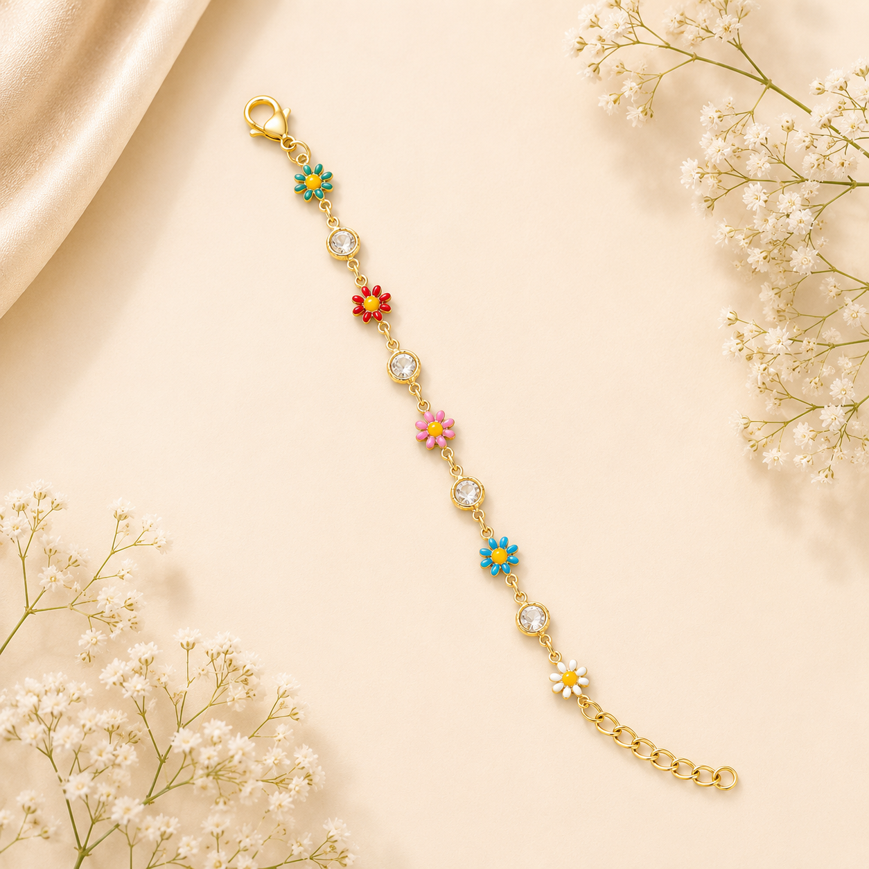 Colorful Evil Eye And Flower Charm Bracelet