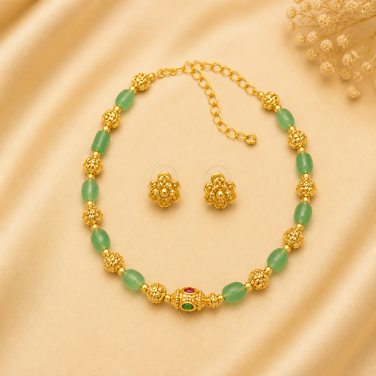 Green beaded gold necklace kids set with floral stud earring (N11)