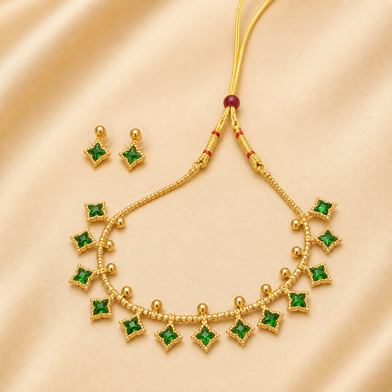 Emerald Stone Charm Choker Necklace Set with Gold Finish(N14)