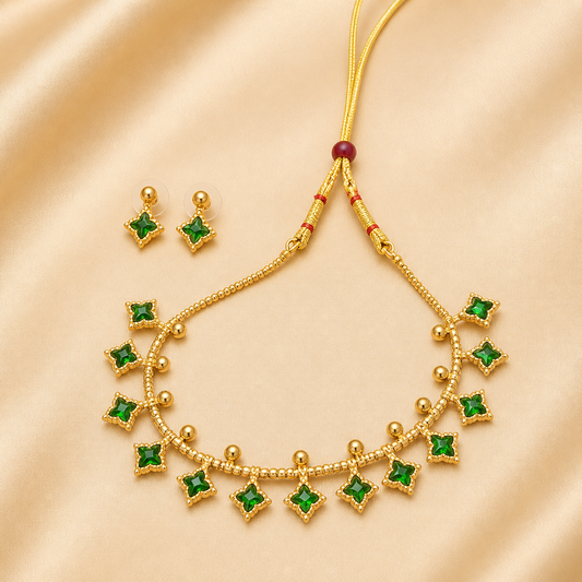 Emerald Stone Charm Choker Necklace Set with Gold Finish(N14)