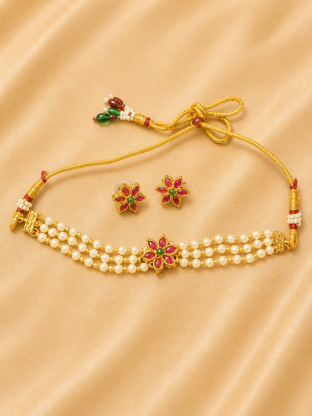 Floral Pearl Choker Necklace Set with Ruby & Emerald Accents (N10)