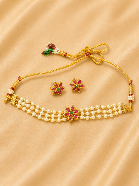 Floral Pearl Choker Necklace Set with Ruby & Emerald Accents (N10)