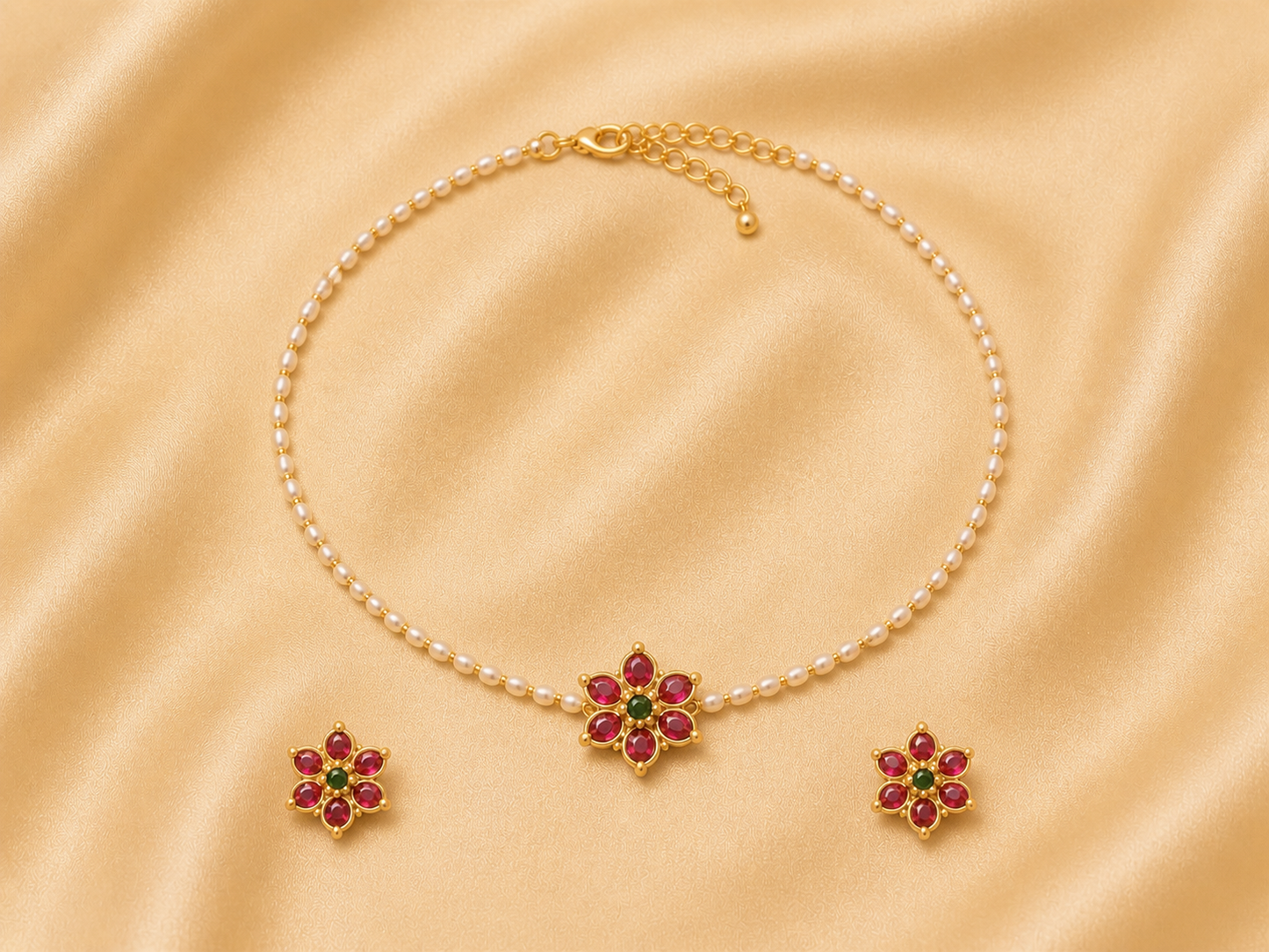 Minimal Pearl Floral Necklace Set with Ruby & Emerald Center (N9)