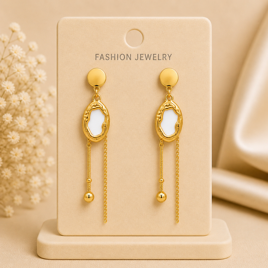 Gold White Stone Chain Drop Earrings