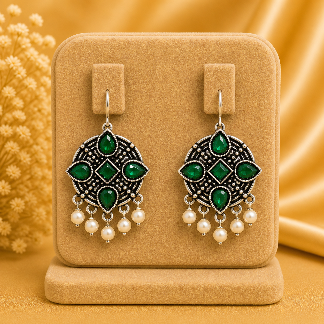 Oxidised Green Stone Pearl Drop Earrings