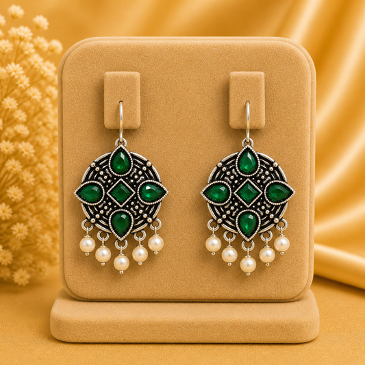 Oxidised Green Stone Pearl Drop Earrings